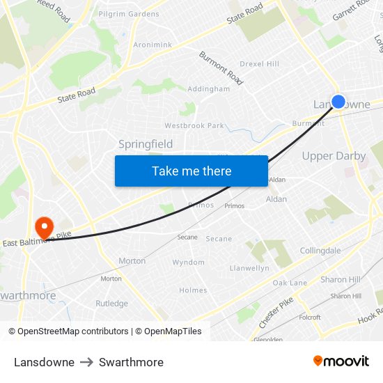 Lansdowne to Swarthmore map