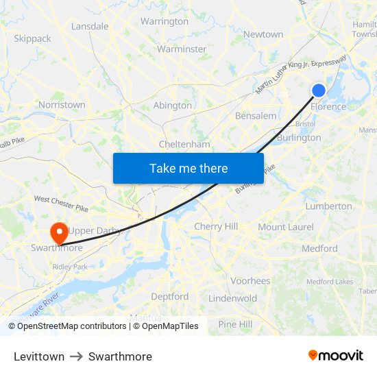 Levittown to Swarthmore map