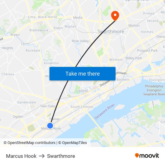 Marcus Hook to Swarthmore map