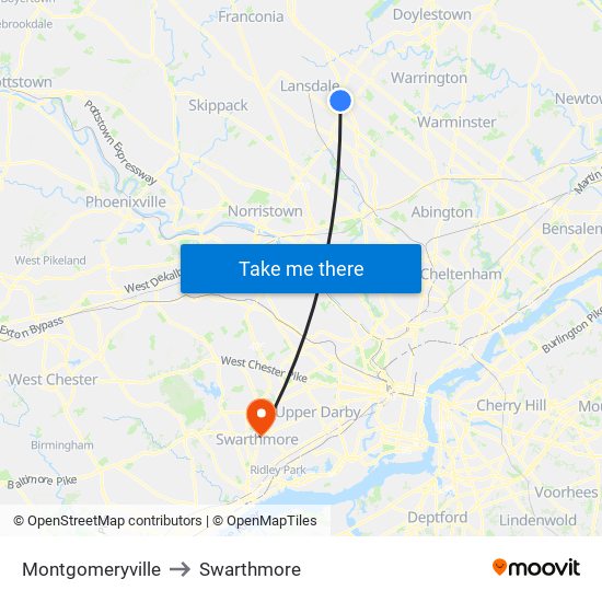 Montgomeryville to Swarthmore map