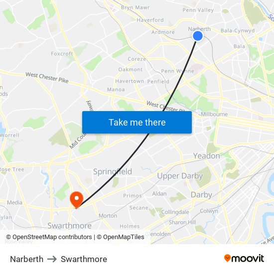 Narberth to Swarthmore map