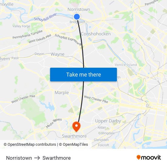 Norristown to Swarthmore map