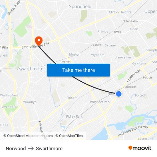 Norwood to Swarthmore map