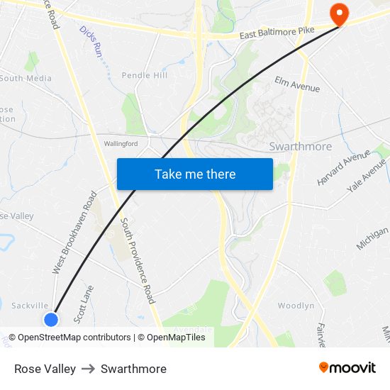 Rose Valley to Swarthmore map