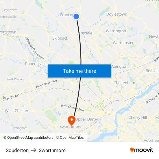 Souderton to Swarthmore map