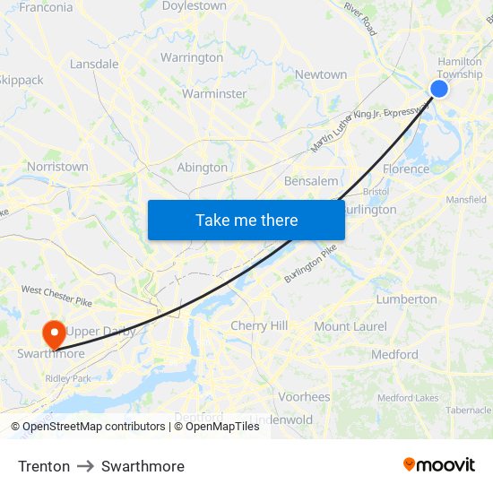 Trenton to Swarthmore map