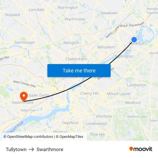 Tullytown to Swarthmore map
