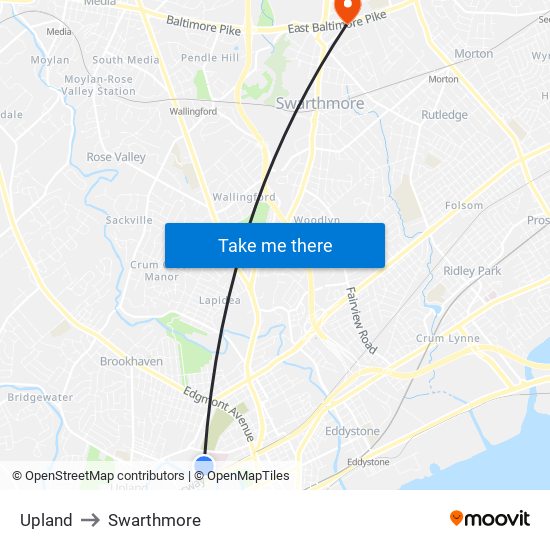 Upland to Swarthmore map