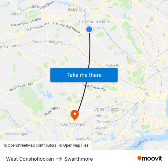 West Conshohocken to Swarthmore map