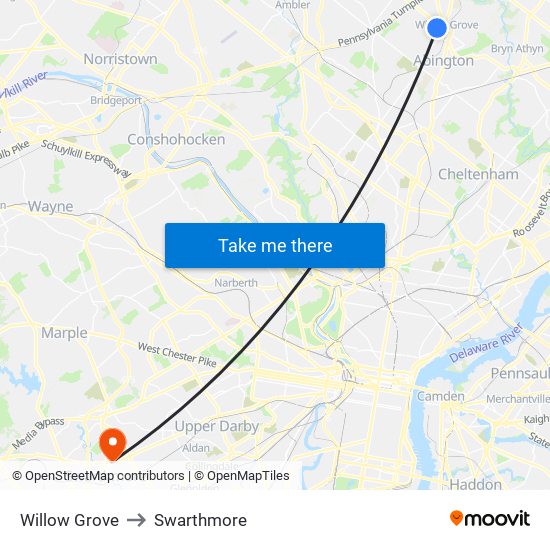 Willow Grove to Swarthmore map