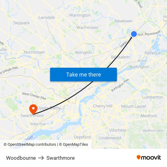 Woodbourne to Swarthmore map