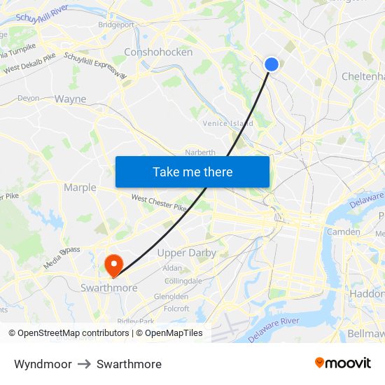 Wyndmoor to Swarthmore map