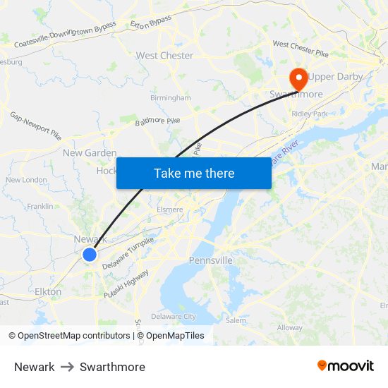 Newark to Swarthmore map