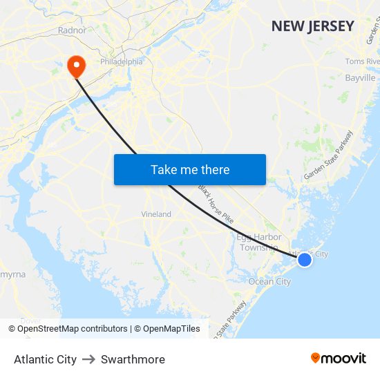 Atlantic City to Swarthmore map