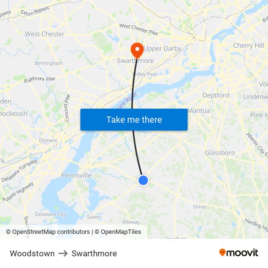 Woodstown to Swarthmore map