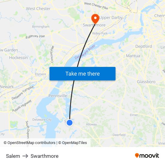 Salem to Swarthmore map