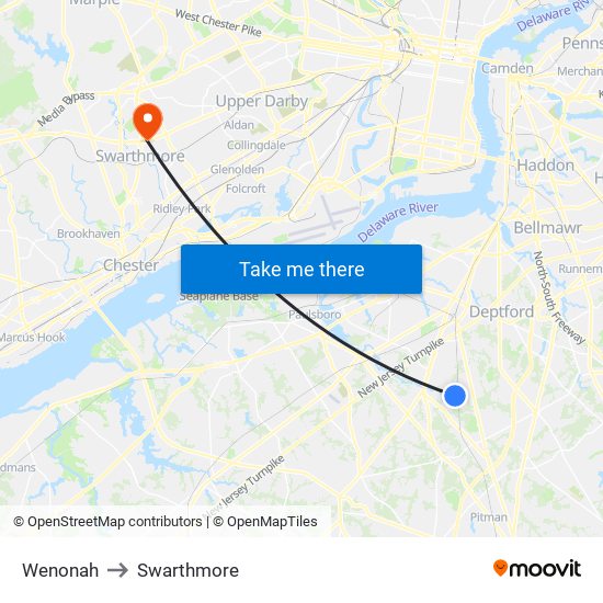 Wenonah to Swarthmore map