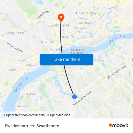 Swedesboro to Swarthmore map