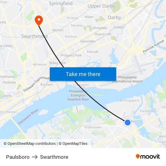 Paulsboro to Swarthmore map