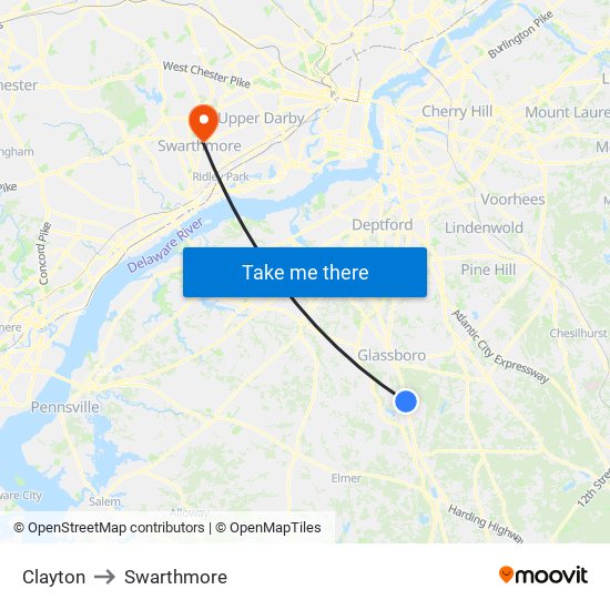 Clayton to Swarthmore map