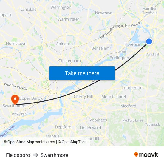 Fieldsboro to Swarthmore map