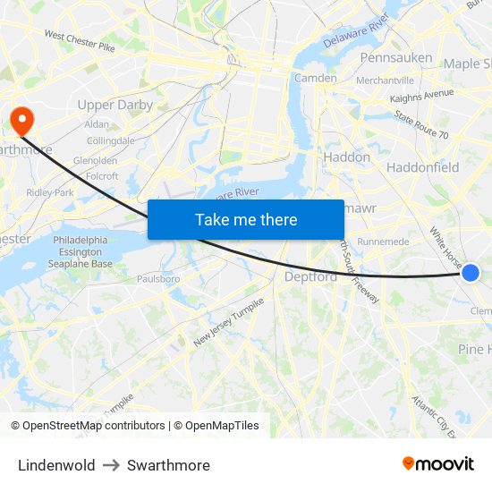 Lindenwold to Swarthmore map