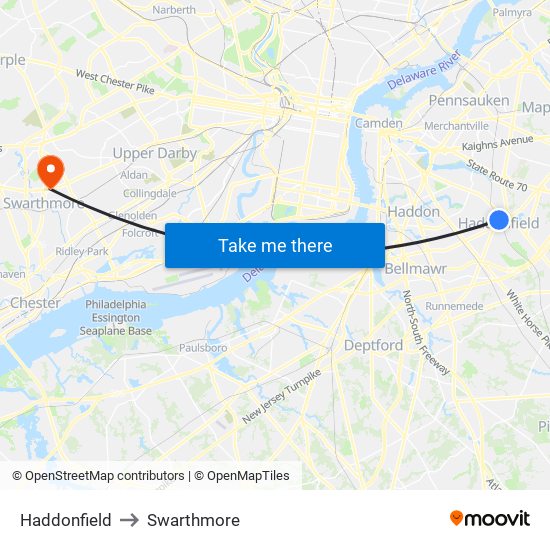 Haddonfield to Swarthmore map