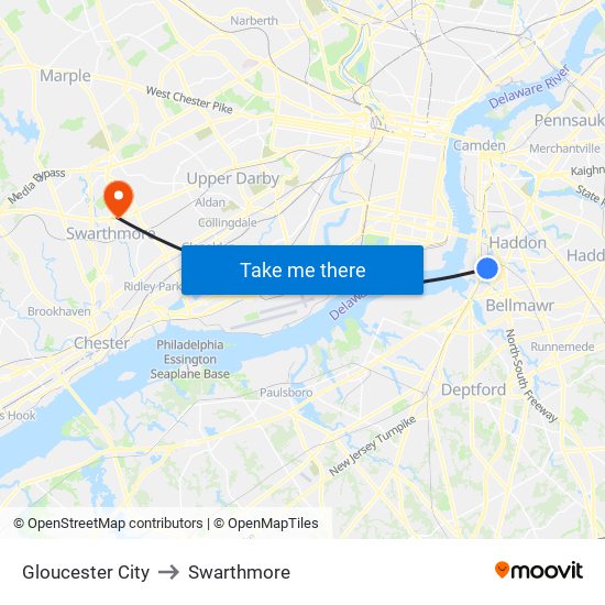 Gloucester City to Swarthmore map