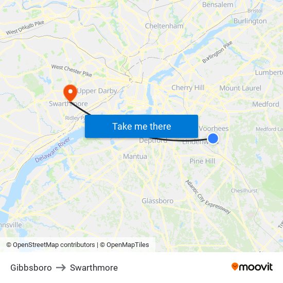 Gibbsboro to Swarthmore map