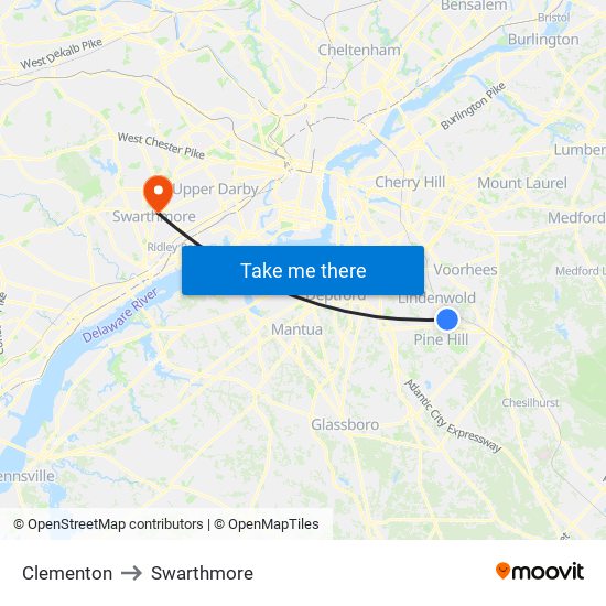 Clementon to Swarthmore map