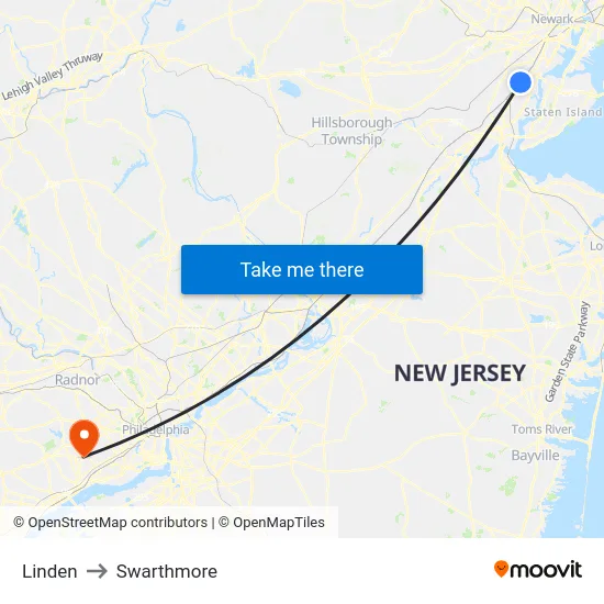 Linden to Swarthmore map
