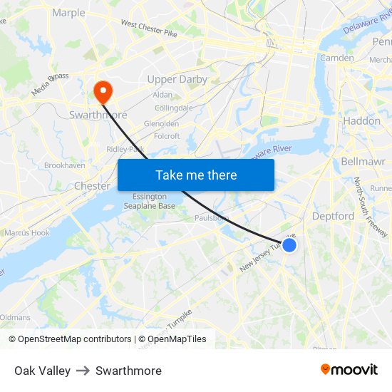 Oak Valley to Swarthmore map