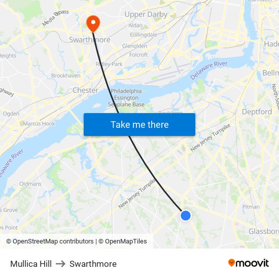 Mullica Hill to Swarthmore map