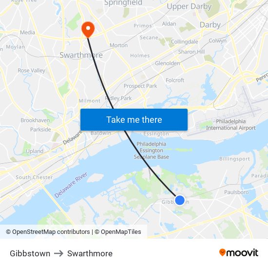 Gibbstown to Swarthmore map