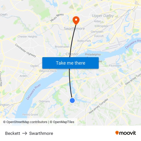 Beckett to Swarthmore map