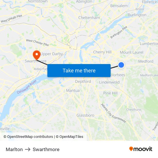 Marlton to Swarthmore map