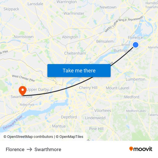 Florence to Swarthmore map