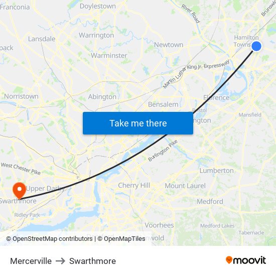 Mercerville to Swarthmore map