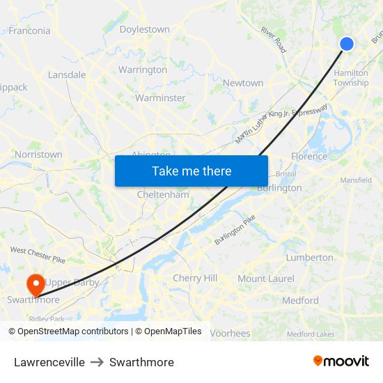 Lawrenceville to Swarthmore map