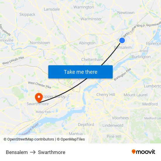 Bensalem to Swarthmore map