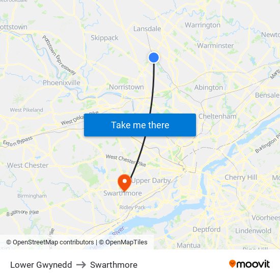 Lower Gwynedd to Swarthmore map