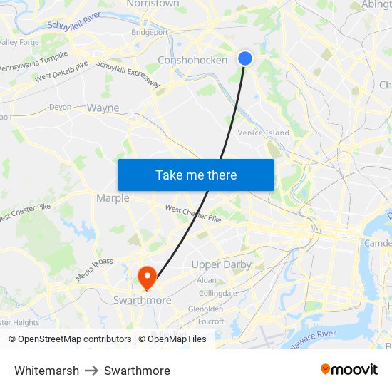 Whitemarsh to Swarthmore map