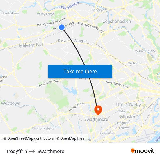 Tredyffrin to Swarthmore map
