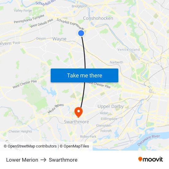 Lower Merion to Swarthmore map