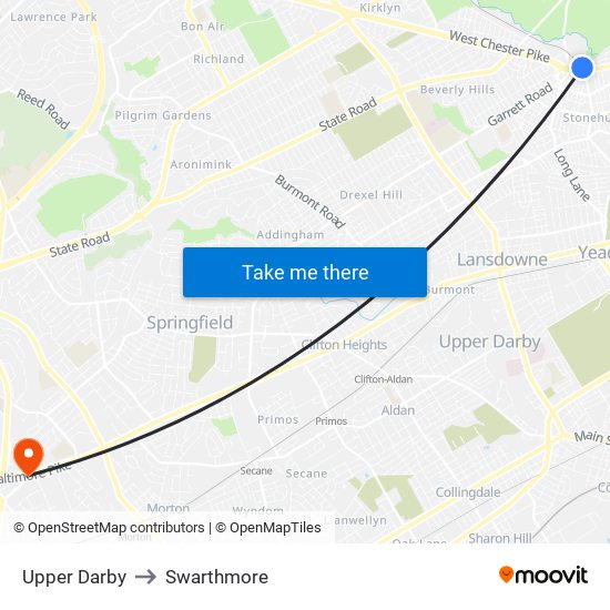 Upper Darby to Swarthmore map