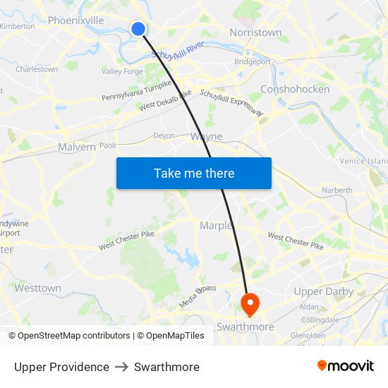 Upper Providence to Swarthmore map