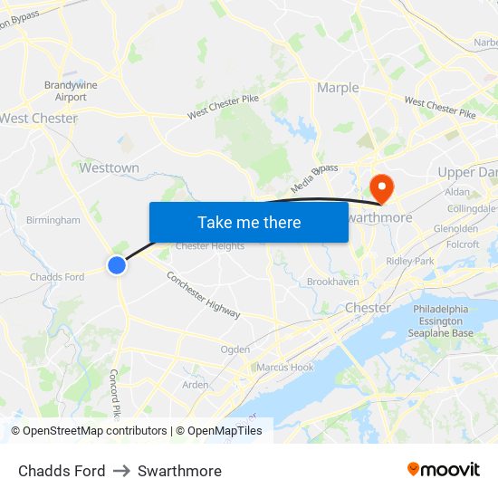 Chadds Ford to Swarthmore map