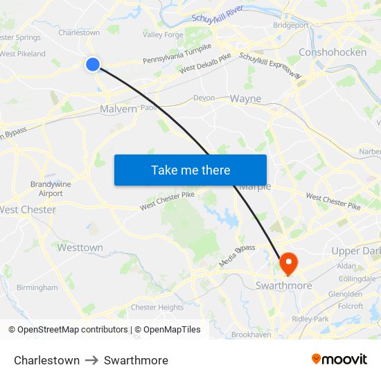 Charlestown to Swarthmore map