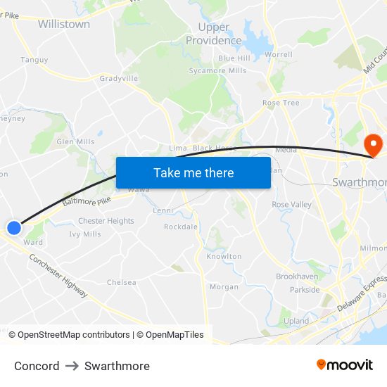 Concord to Swarthmore map