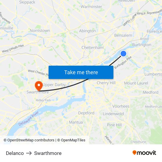 Delanco to Swarthmore map